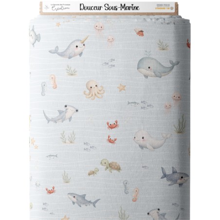 Tissu Douceur Sous-Marine – Motif Océan Enfantin Aquarelle (Animaux Marins) – Certifié Oeko-Tex®