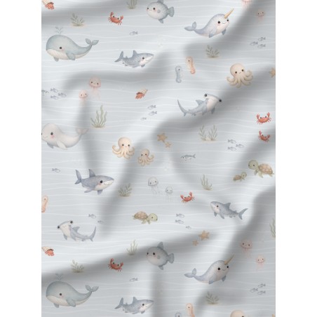 Tissu Douceur Sous-Marine – Motif Océan Enfantin Aquarelle (Animaux Marins) – Certifié Oeko-Tex®
