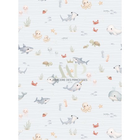 Tissu Douceur Sous-Marine – Motif Océan Enfantin Aquarelle (Animaux Marins) – Certifié Oeko-Tex®