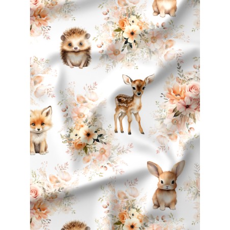 Tissu Merveilles Florales – Motif Animaux De La Forêt et Fleurs Aquarelle – Certifié Oeko-Tex®