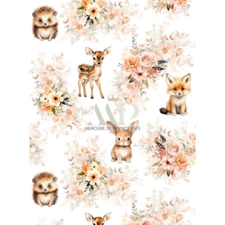Tissu Merveilles Florales – Motif Animaux De La Forêt et Fleurs Aquarelle – Certifié Oeko-Tex®