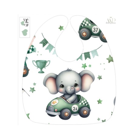 Panneau Bavoir Bébé Voiture De Course Elephant – pour Bavoir Bébé 3 à 12 mois – Tissu coton Oeko-Tex® a réaliser soi-même