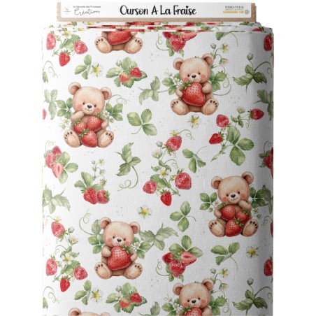 Tissu coton “Ourson A La Fraise” – Motif ours et fraises – Certifié Oeko-Tex®
