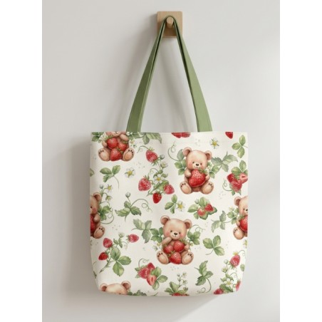 Tissu coton “Ourson A La Fraise” – Motif ours et fraises – Certifié Oeko-Tex®