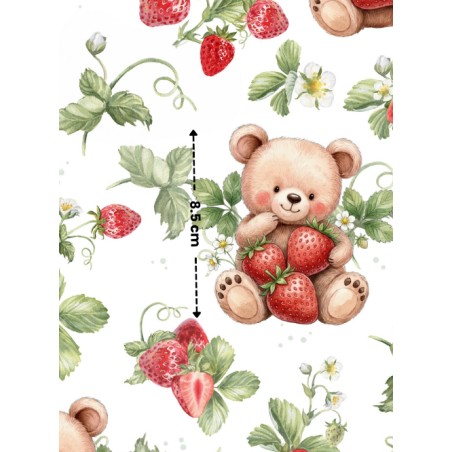 Tissu coton “Ourson A La Fraise” – Motif ours et fraises – Certifié Oeko-Tex®