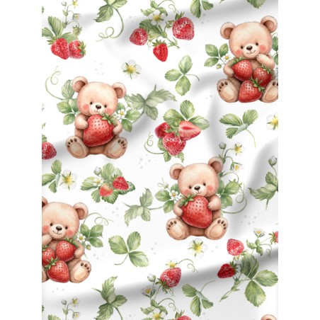 Tissu coton “Ourson A La Fraise” – Motif ours et fraises – Certifié Oeko-Tex®