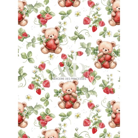 Tissu coton “Ourson A La Fraise” – Motif ours et fraises – Certifié Oeko-Tex®