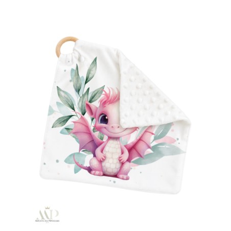 Carré Doudou à Coudre Dragon Rose & Vert – Panneau Couture Doudou Enfant, Tissu Oeko-Tex