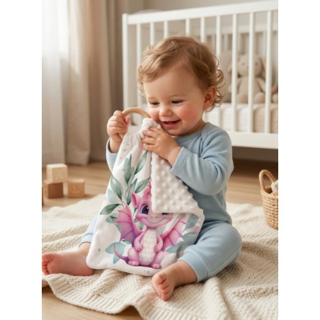 Carré Doudou à Coudre Dragon Rose & Vert – Panneau Couture Doudou Enfant, Tissu Oeko-Tex