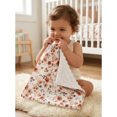 Carré Doudou à Coudre Fleurs Terracotta – Panneau Couture Doudou Enfant, Tissu Oeko-Tex