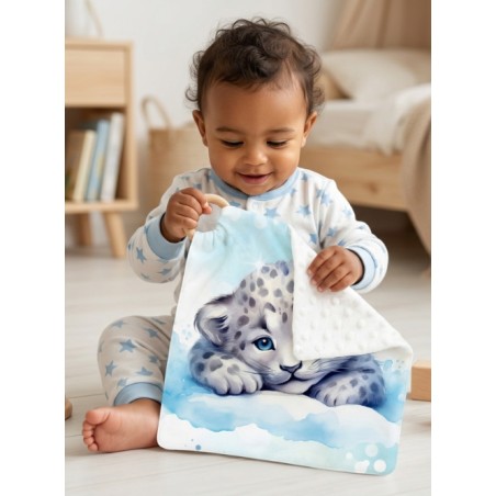 Carré Doudou à Coudre Panthère Des Neiges – Panneau Couture Doudou Enfant, Tissu Oeko-Tex
