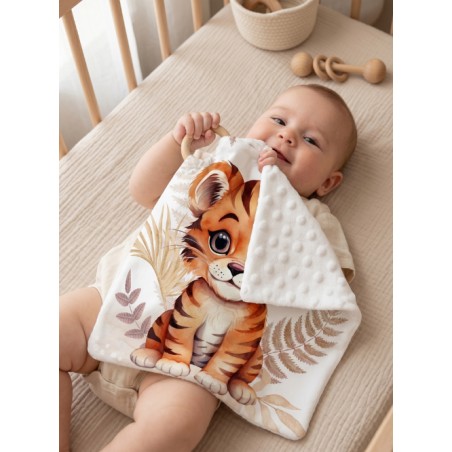 Carré Doudou à Coudre Tigre Boho Beige – Panneau Couture Doudou Enfant, Tissu Oeko-Tex