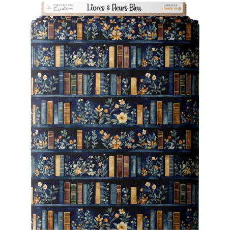 Tissu coton imprimé Livres & Fleurs Bleu - Certifié Oeko-Tex®