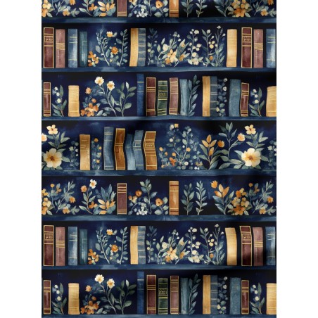 Tissu coton imprimé Livres & Fleurs Bleu - Certifié Oeko-Tex®