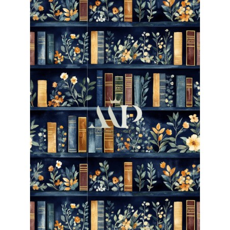 Tissu coton imprimé Livres & Fleurs Bleu - Certifié Oeko-Tex®