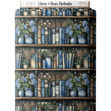Tissu coton imprimé Livres & Fleurs Hortensia - Certifié Oeko-Tex®