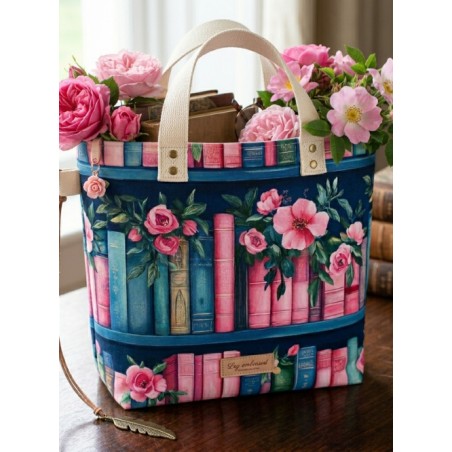 Tissu coton imprimé Livres & Fleurs Rose - Certifié Oeko-Tex®