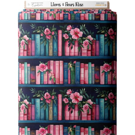 Tissu coton imprimé Livres & Fleurs Rose - Certifié Oeko-Tex®