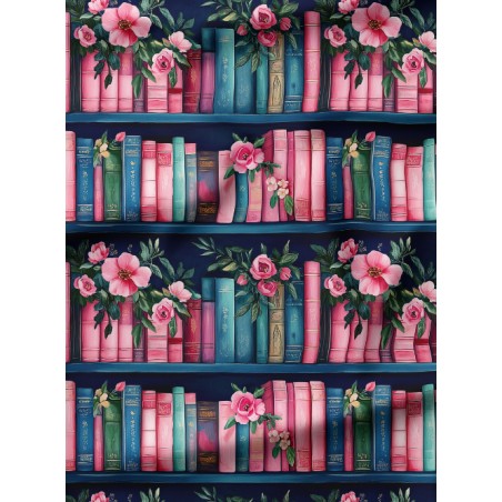 Tissu coton imprimé Livres & Fleurs Rose - Certifié Oeko-Tex®