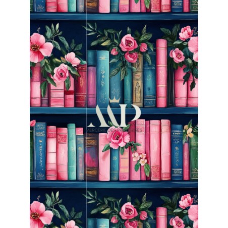 Tissu coton imprimé Livres & Fleurs Rose - Certifié Oeko-Tex®