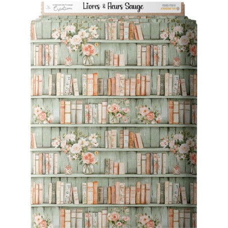 Tissu coton imprimé Livres & Fleurs Sauge - Certifié Oeko-Tex®
