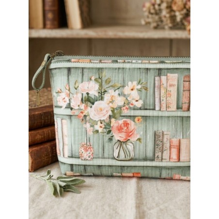 Tissu coton imprimé Livres & Fleurs Sauge - Certifié Oeko-Tex®