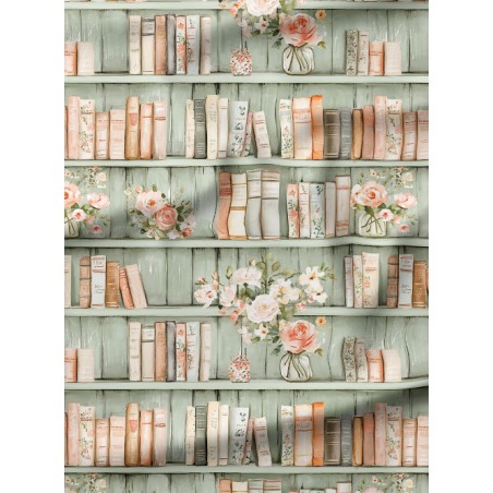 Tissu coton imprimé Livres & Fleurs Sauge - Certifié Oeko-Tex®