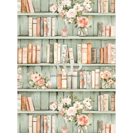 Tissu coton imprimé Livres & Fleurs Sauge - Certifié Oeko-Tex®