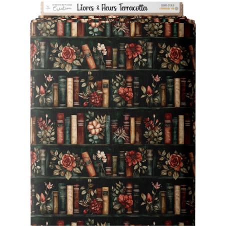 Tissu coton imprimé Livres & Fleurs Terracotta - Certifié Oeko-Tex®