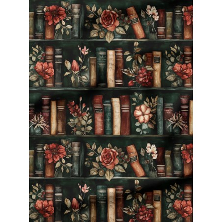 Tissu coton imprimé Livres & Fleurs Terracotta - Certifié Oeko-Tex®