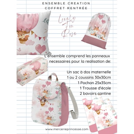 Ensemble Lovely Fox Rose pour rentrée scolaire: sac à dos, pochons, coussins, bavoirs, trousse - coton Oeko-Tex®
