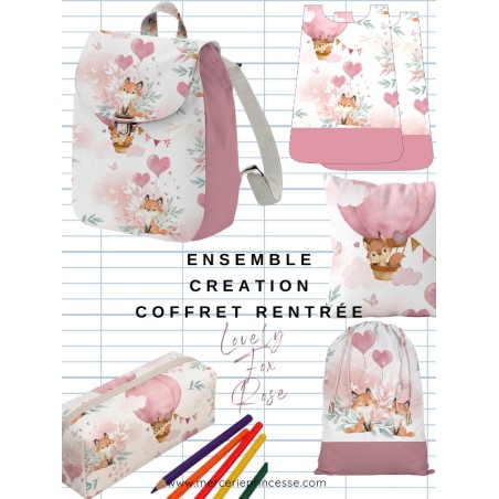 Ensemble Lovely Fox Rose pour rentrée scolaire: sac à dos, pochons, coussins, bavoirs, trousse - coton Oeko-Tex®