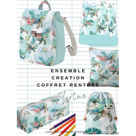 Ensemble Tortue pour rentrée scolaire: sac à dos, pochons, coussins, bavoirs, trousse - coton Oeko-Tex®