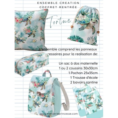 Ensemble Tortue pour rentrée scolaire: sac à dos, pochons, coussins, bavoirs, trousse - coton Oeko-Tex®