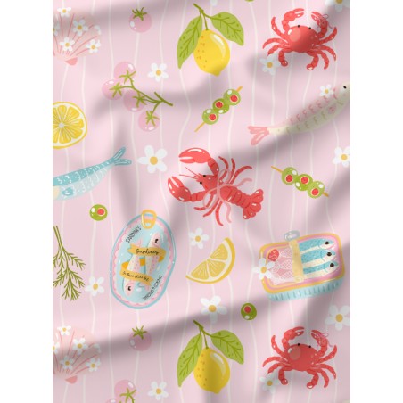 Tissu coton imprimé Homards & Citrons - Certifié Oeko-Tex®
