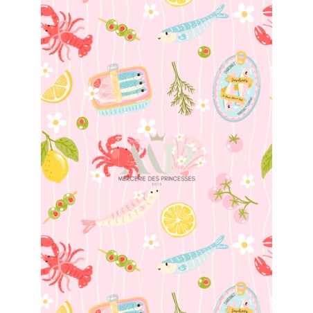 Tissu coton imprimé Homards & Citrons - Certifié Oeko-Tex®