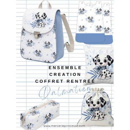 Ensemble Dalmatien pour rentrée scolaire: sac à dos, pochons, coussins, bavoirs, trousse - coton Oeko-Tex®