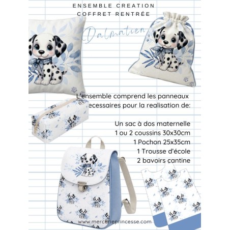 Ensemble Dalmatien pour rentrée scolaire: sac à dos, pochons, coussins, bavoirs, trousse - coton Oeko-Tex®