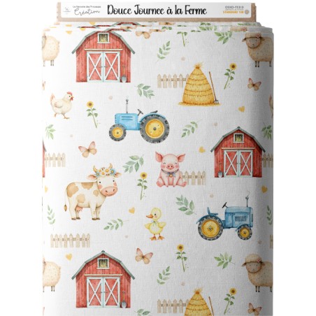 Tissu Douce Journée à la Ferme – Motif tracteurs et animaux de la ferme – Certifié Oeko-Tex®