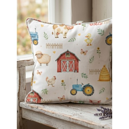 Tissu Douce Journée à la Ferme – Motif tracteurs et animaux de la ferme – Certifié Oeko-Tex®
