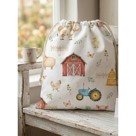 Tissu Douce Journée à la Ferme – Motif tracteurs et animaux de la ferme – Certifié Oeko-Tex®