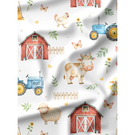 Tissu Douce Journée à la Ferme – Motif tracteurs et animaux de la ferme – Certifié Oeko-Tex®