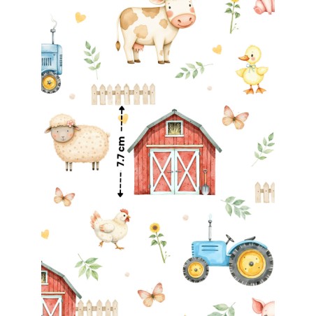 Tissu Douce Journée à la Ferme – Motif tracteurs et animaux de la ferme – Certifié Oeko-Tex®
