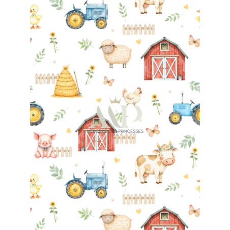 Tissu Douce Journée à la Ferme – Motif tracteurs et animaux de la ferme – Certifié Oeko-Tex®