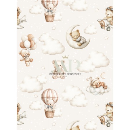 Tissu Ourson Dans Les Nuages – Motif Ours, étoile, lune – Certifié Oeko-Tex®