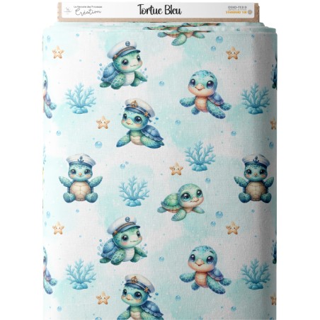 Tissu Tortue Bleu – Motif tortue marine – Certifié Oeko-Tex®