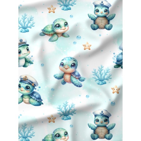 Tissu Tortue Bleu – Motif tortue marine – Certifié Oeko-Tex®