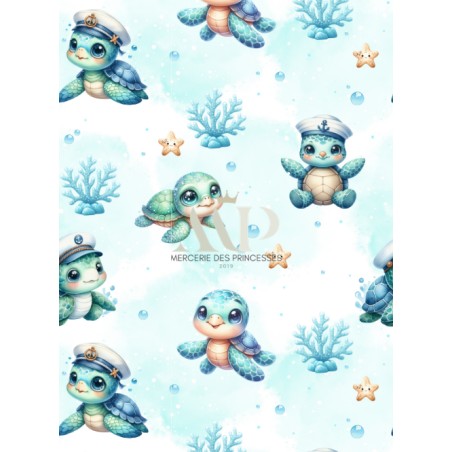 Tissu Tortue Bleu – Motif tortue marine – Certifié Oeko-Tex®