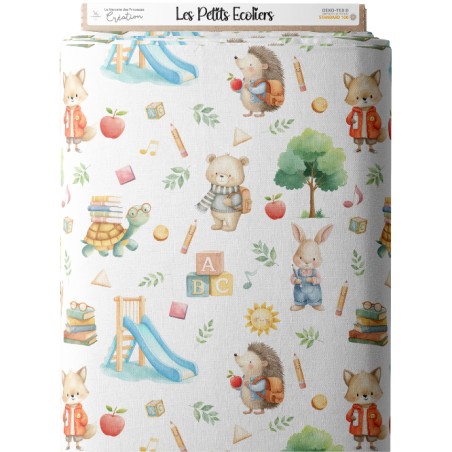 Tissu Les Petits Écoliers – Motif animaux de la forêt à l'école – Certifié Oeko-Tex®