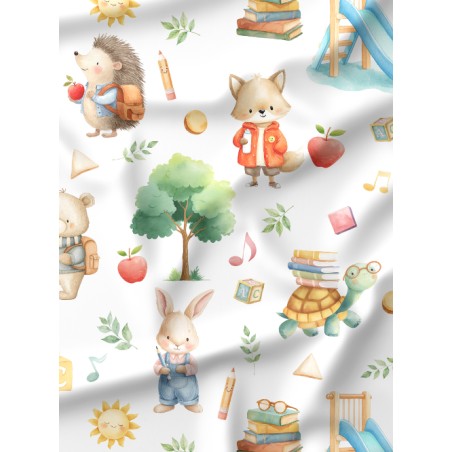 Tissu Les Petits Écoliers – Motif animaux de la forêt à l'école – Certifié Oeko-Tex®